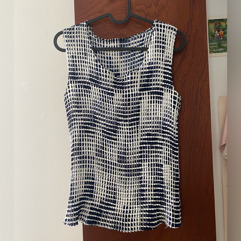 Navy and White Printed Pleated Tank